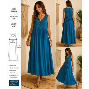 Tango Mango Blue Beaded Maxi Lined Belted Dress Women's Size S PocketsCottage
